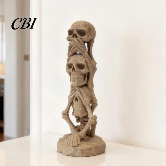 Durable Skull Sculpture 3D Printed Stacking Figurine, Gothic No Speak Hear See Halloween Figurine Statue, Party Horror Decoration for Home Office