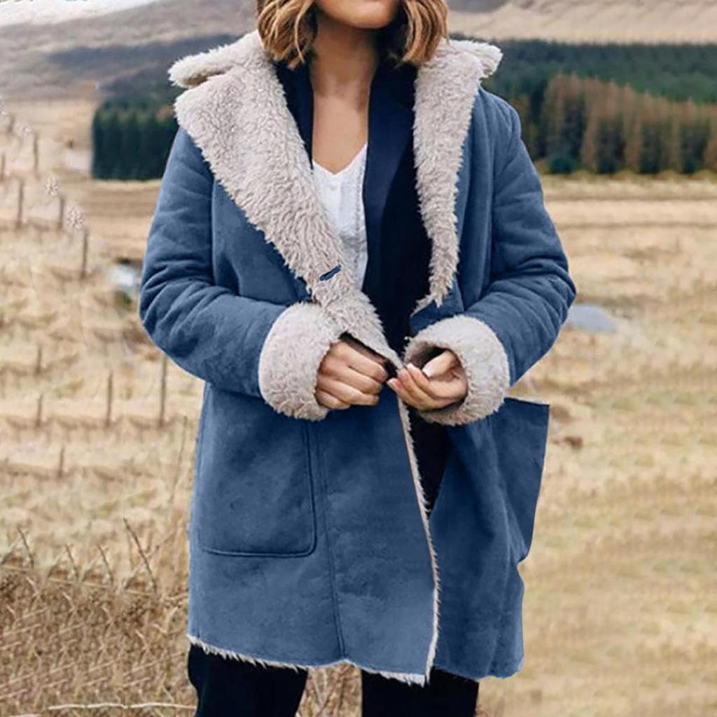 Women's Loose Casual Solid Color Lapel Pocket Long Sleeved Hooded Plush Jacket Fashionable Jacket