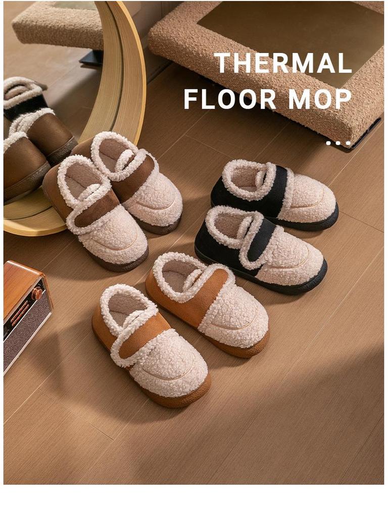 Женские зимние тапочки из хлопка на липучках в корейском стиле: Нескользящий, теплый, плюшевый ретро-меховой дизайн