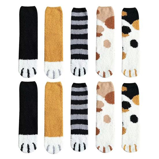 5 Pairs Women Socks Thick Coral Fleece Cartoon Cat Paw Shape Color Matching Mid Tube Elastic Anti-slip Warm Daily Home Wear Socks