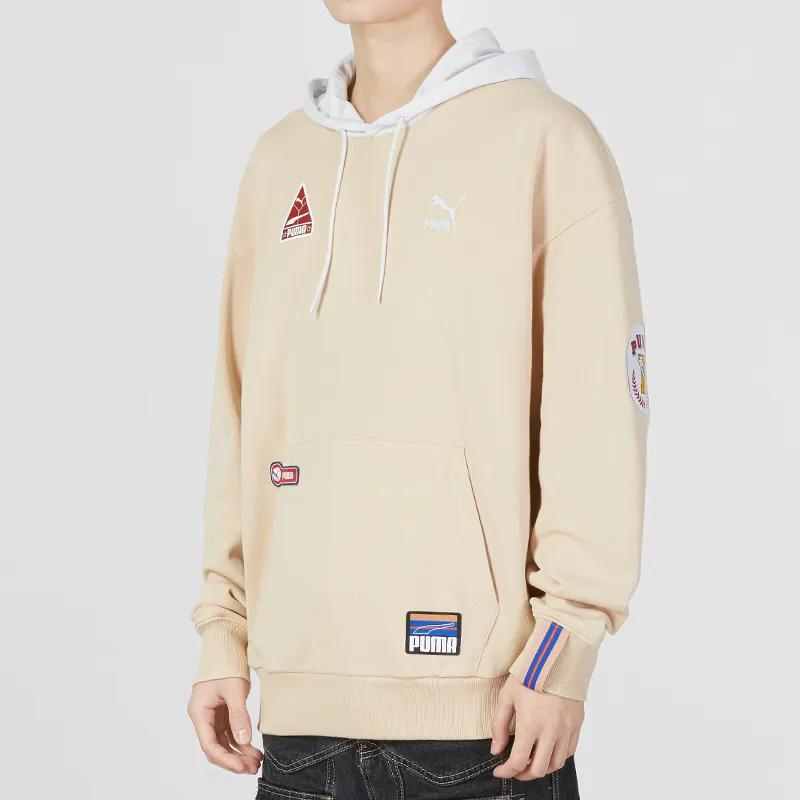 PUMA TEAM BADGE Sweatshirts Men's Khaki Hooded Moderate Straight Fit (Unisex) Sweatshirts 677377 67