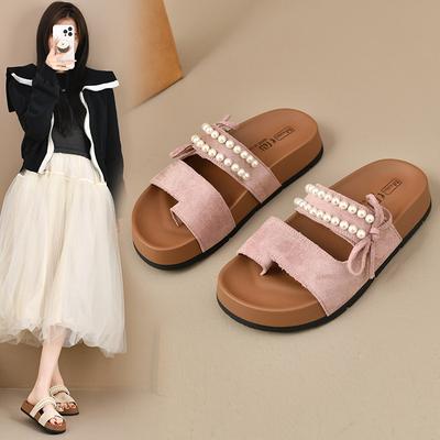 Полторы тапочки женская летняя обувь 2025 новая жемчужная обувь мюли на одной педали плоские сандалии ленивые сандалии