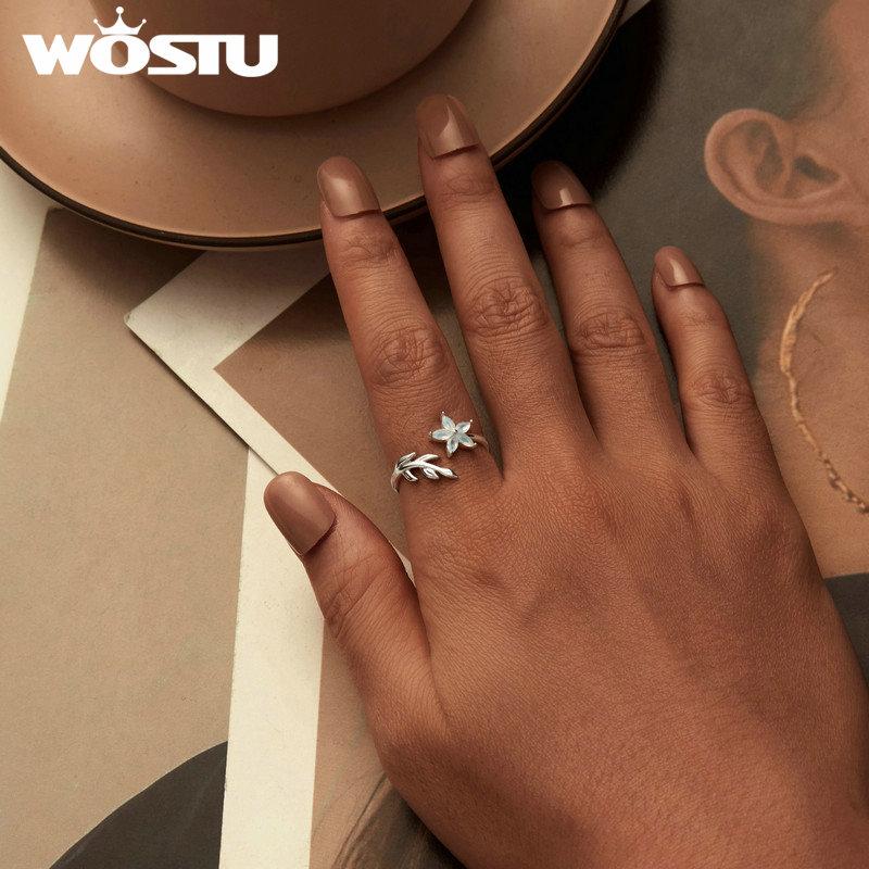 WOSTU 925 Sterling Silver Clear Green Cystal Flower Opening Ring For Women Hanmade Leaf design Stackable Rings Girl Party Gift