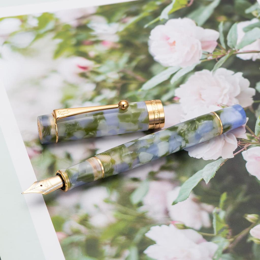 Lanxivi Jinhao Классическая перьевая ручка Экстратонкий конвертер и набор пенал Ручка, Сине-зеленый целлулоид, Перо,