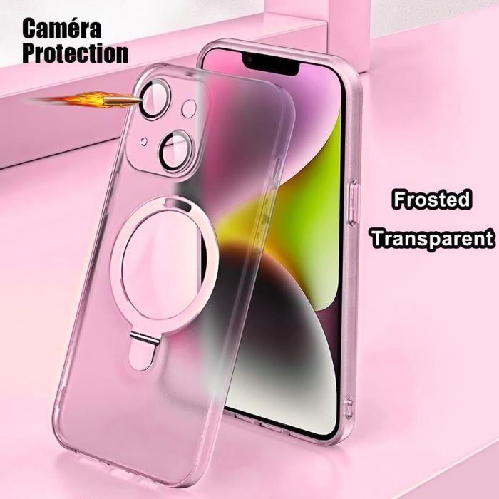 Coque pour iPhone 15, Antichoc Rigide avec Support Anneau Magnétique Réglable et Protection Caméra - Translucide Rose