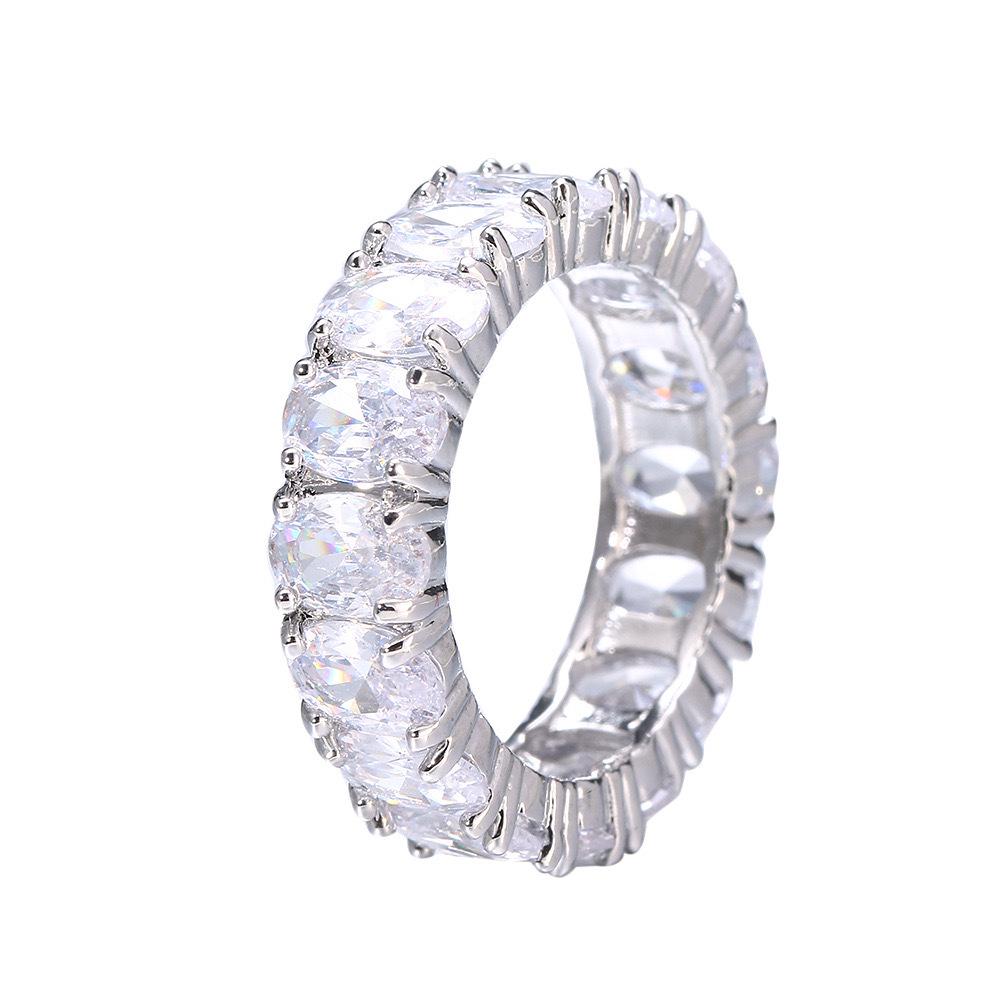 White K Row Diamond Oval Zircon Ring In Copper Plated Setting - Trendy Geometric Fashion Jewelry for Women