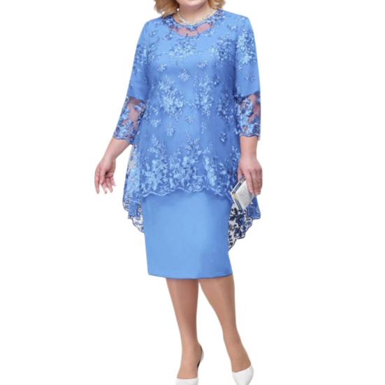 Lady Petticoats Plus Size O-neck High-Waist Plus Size Midi Dress Embroidery Lace 3/4 Sleeve Lady Evening Dress Female Clothing