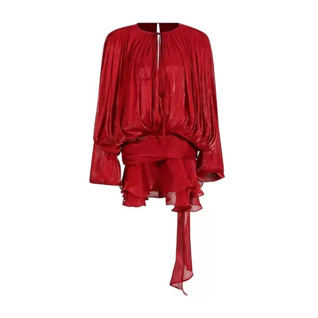 Шикарные платья мини с кружевной шнуровкой, свободного кроя, сексуальные, для женщин, с круглым вырезом, длинными рукавами, минималистичные, с оборками и складками, женская мода