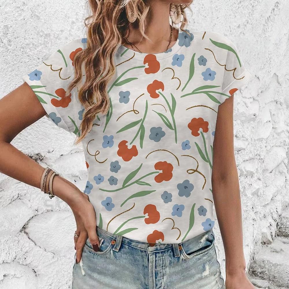 Women's T-Shirt Fashion Retro Floral Pattern Print T-Shirt Women's Leisure Short Sleeve T-Shirt Summer Oversized T-Shirt Tops