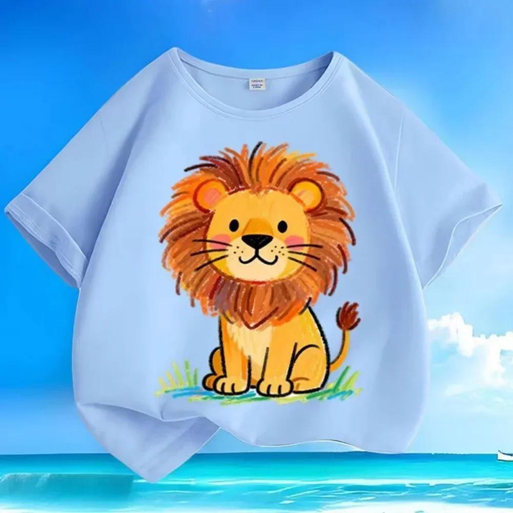 Boys Girls Fashion White Short Sleeve T Shirt Cute Hand Drawn Cartoon Lion Grass Background Print Summer Versatile Comfort Tee