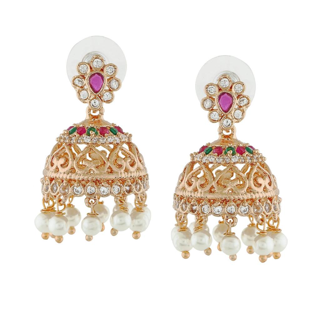 Elegant Women's Jhumka Estele Earrings with Rose Gold Plated and CZ, Pearls and Pink Crystals