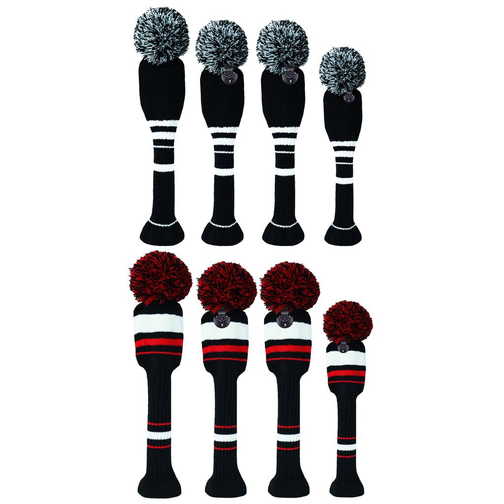 Knitted Golf Club Head Covers 4Pcs/Set | Stretchable Pom-Pom Cover for Driver & Fairway Wood | Striped Contrast Colors