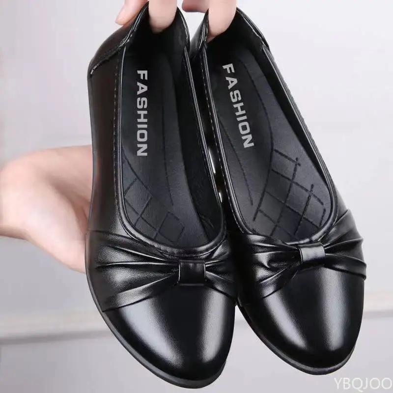 Women Waterproof Bow Flats Low Heel Soft Sole Non Slip Comfortable Casual Leather Shoes