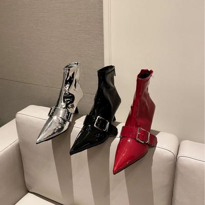 Осень-зима 2025 новый продукт женские ботинки Мартин с боковой молнией, ботинки с пряжкой на ремне, остроносые короткие ботинки, эластичные тонкие ботинки из лакированной кожи