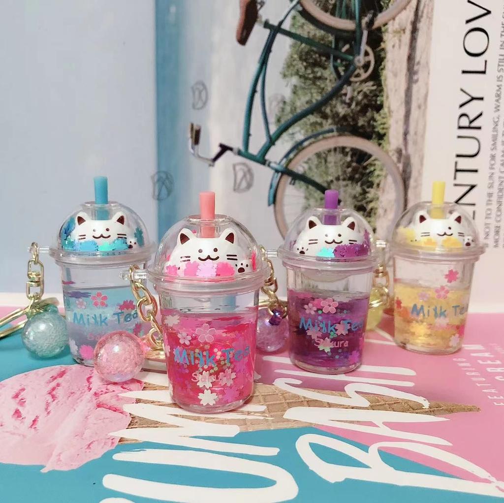 Кольцо для женщин и детей, сумка, подвеска, автомобильный брелок, Сакура, кошка, брелок для ключей, бутылка чая с молоком, брелок для ключей