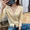 Весенне-осенний женский кардиган, куртка с v-образным вырезом, вязаный кардиган, короткий свободный свитер с баской, свитер с нитью