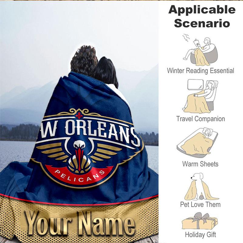 1PC Custom Name Blanket Orleans Pelicans Rebrand Flannel blankets Patterns Throw Blanket All-Season Soft Gift for Couch, Bed, Camping, Birthday gifts