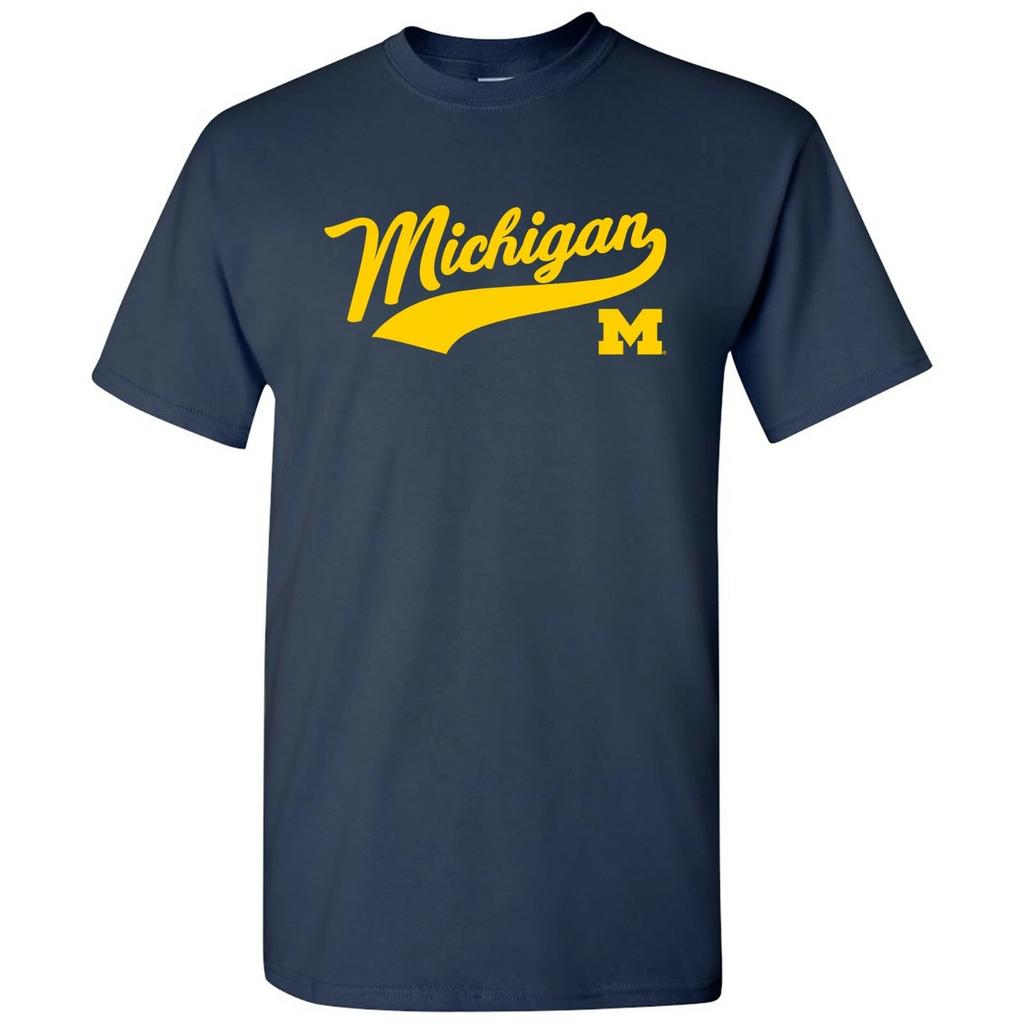 Michigan Wolverines Baseball Jersey Script College University T-Shirt - Navy