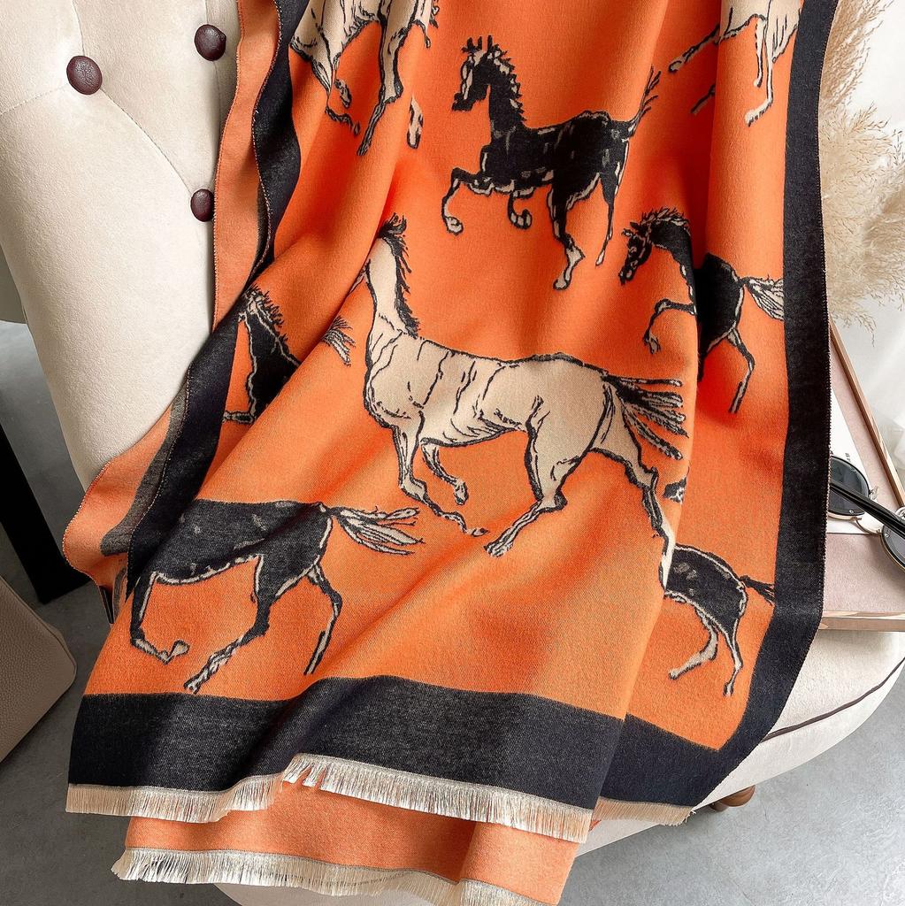 Elegant Autumn And Winter Versatile Horse Jacquard Imitation Cashmere Scarf Women'S Short Beard Tassel Travel Outside With Warm Scarf