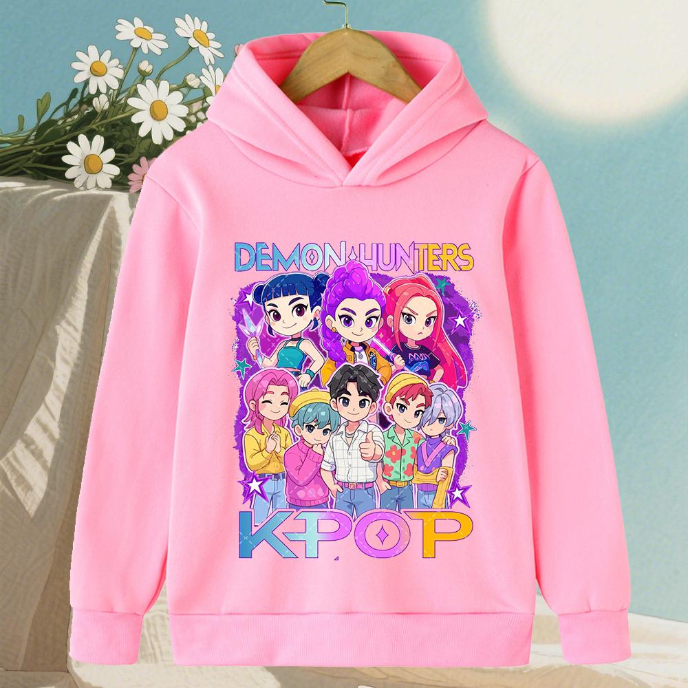 Korean KPop Demon Hunter Cartoon Girls Boy Hooded Sweatshirt Warm Children's Wave Fashion Casual Tops Casual Girls Clothing