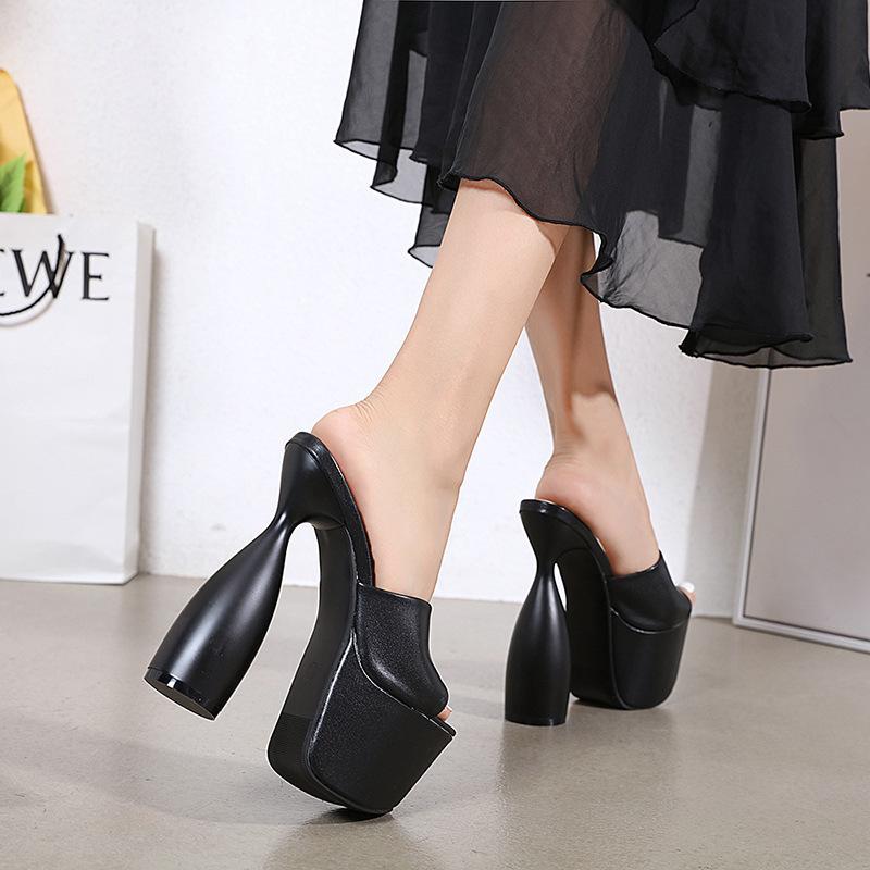 Модные черные лакированные тапочки, летние новые лаконичные стильные шикарные босоножки на круглом каблуке, белые туфли на высоком каблуке 17,5 см для вечеринок на платформе и для женщин