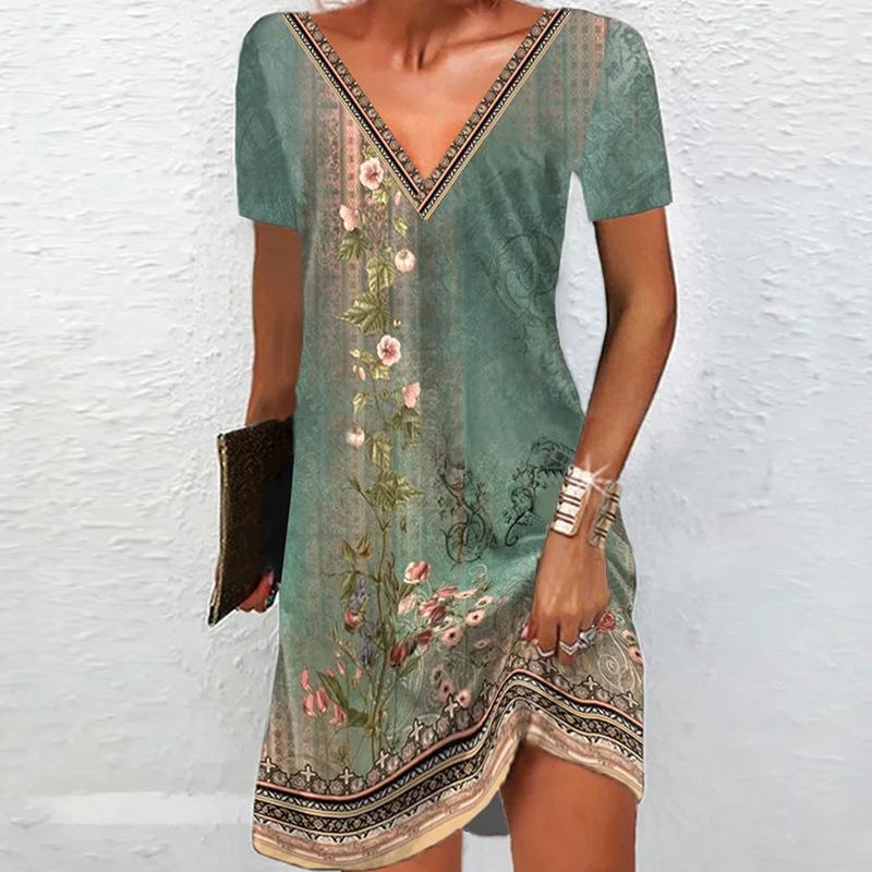 Женское летнее платье с принтом, V-образным вырезом и короткими рукавами, удобные повседневные платья
