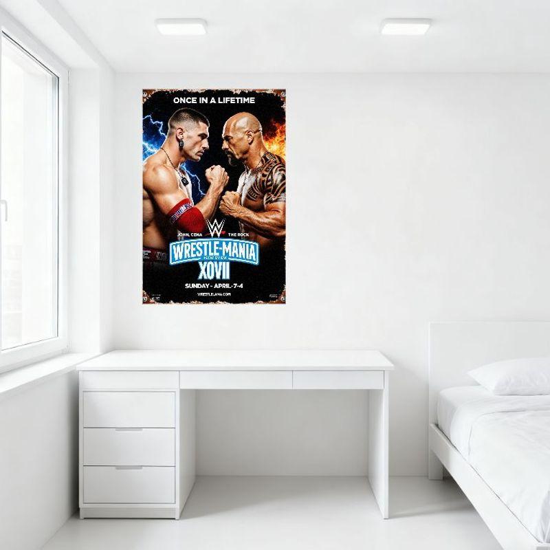 Винтажная металлическая жестяная табличка WWE WrestleMania XVII Джон Сина против Скалы Постер мероприятия с молниями и пламенем для мужской пещеры, бара, дома, де