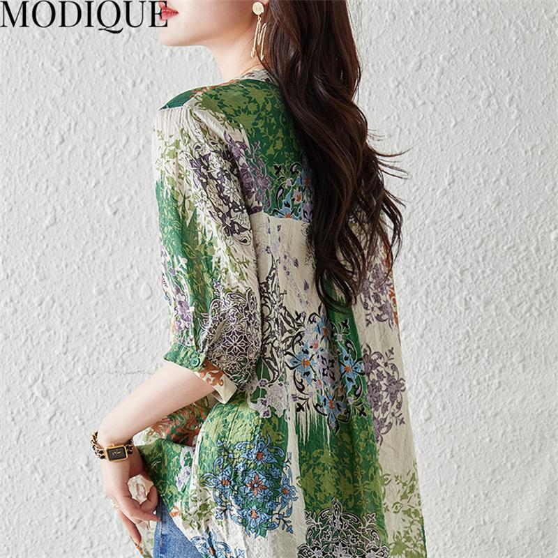 MODIQUE, летняя женская хлопковая блузка большого размера, шифоновые рубашки с цветочным принтом, летние пальто большого размера, пуловер с v-образным вырезом и короткими рукавами на пуговицах