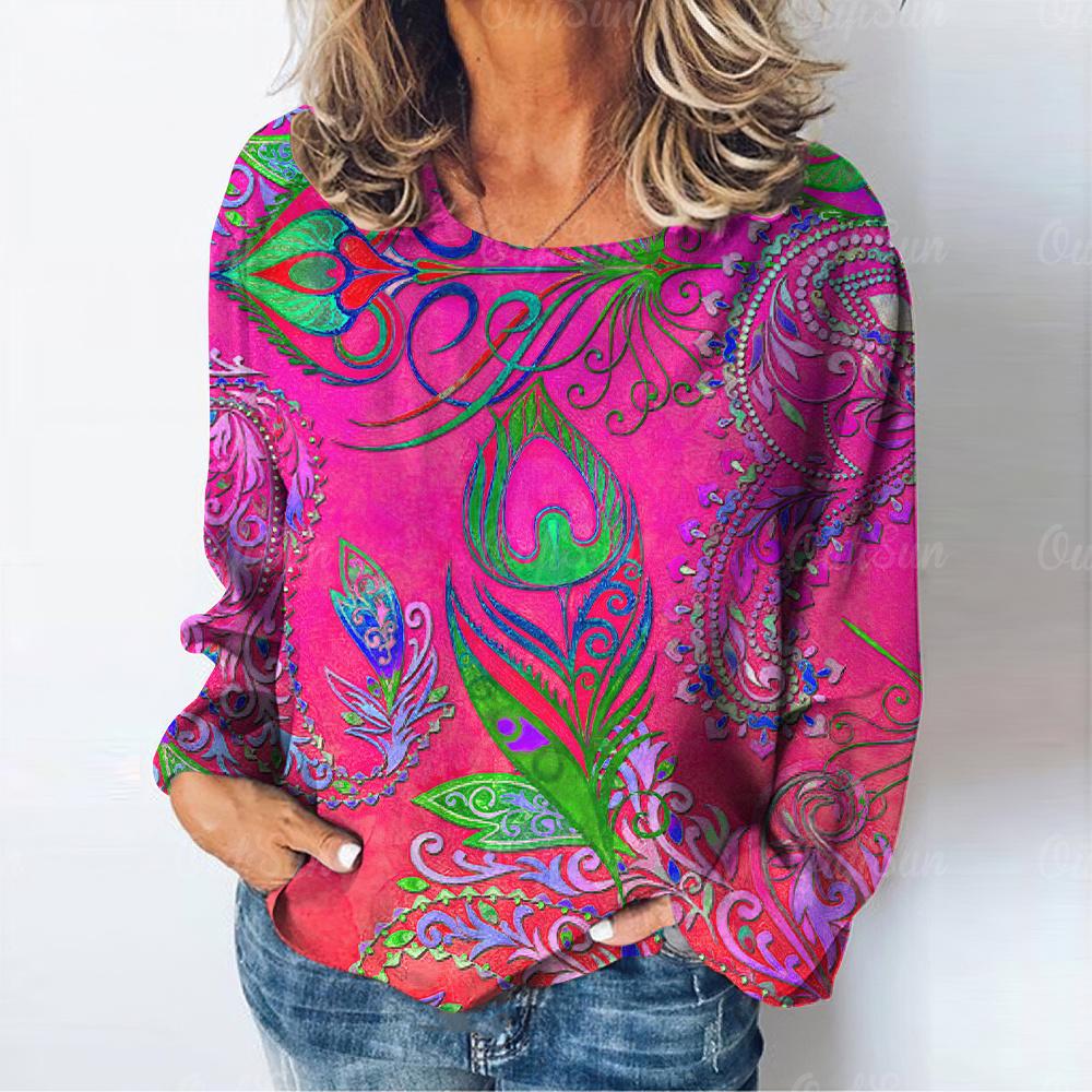 Summer O Neck Women T-Shirts Peacock Feather Graphic Fashion Long Sleeve Harajuku Y2k Top Oversized Casual Female Cotton T Shirt