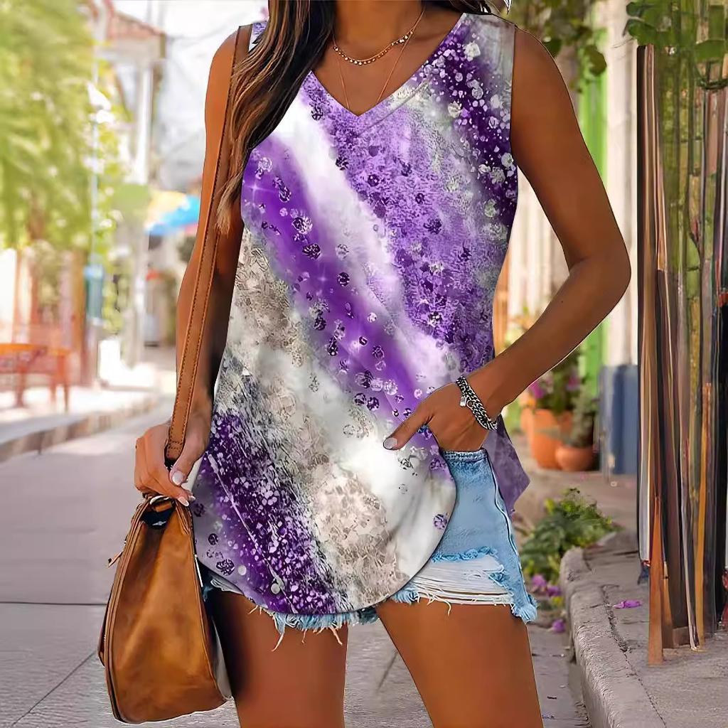 2024 Летняя женская повседневная футболка без рукавов с принтом и V-образным вырезом