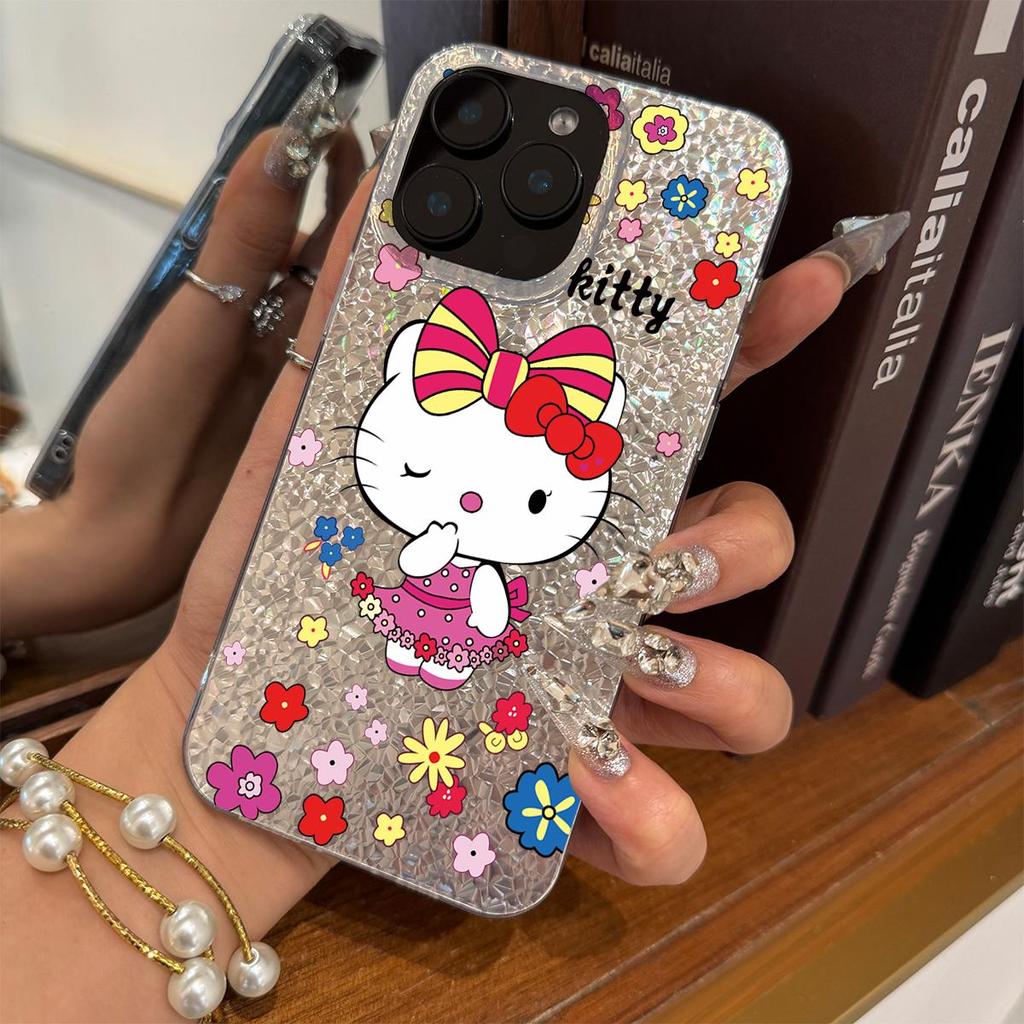 Чехол для iphone 11 12 Air 16 Plus 14 XR XS Max 17 Pro 13 15 18 Pro Max Серебристый блеск Трескающийся фон Хелло Китти в розовом платье