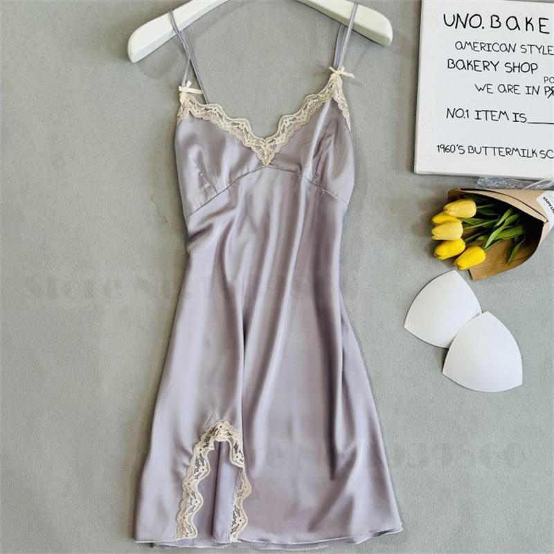Sexy Lace Bathrobe Gown Nightdress Lingerie Summer New Female Nighty&Robe Set Nightgown Silky Satin Home Clothes Loungewear