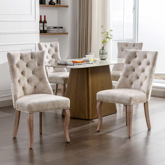 Chaise de salle à manger - MUVOE - Velours beige clair - Dossier haut - Lot de 4 - Style classique