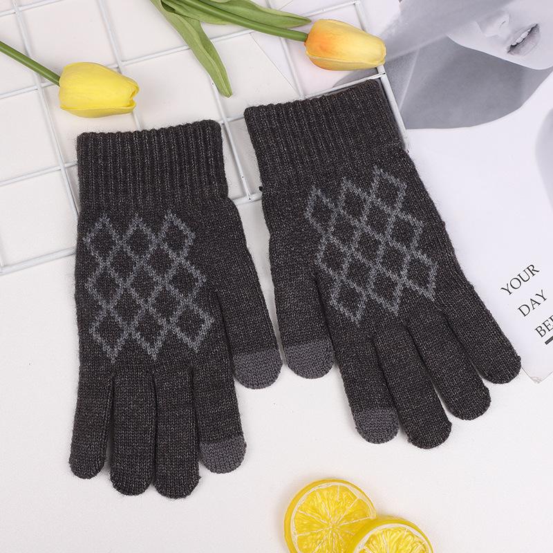 Зимние перчатки из ромбовидного жаккарда с сенсорным экраном, утолщенные, с пятью пальцами, шерстяные вязаные перчатки из шерсти альпаки