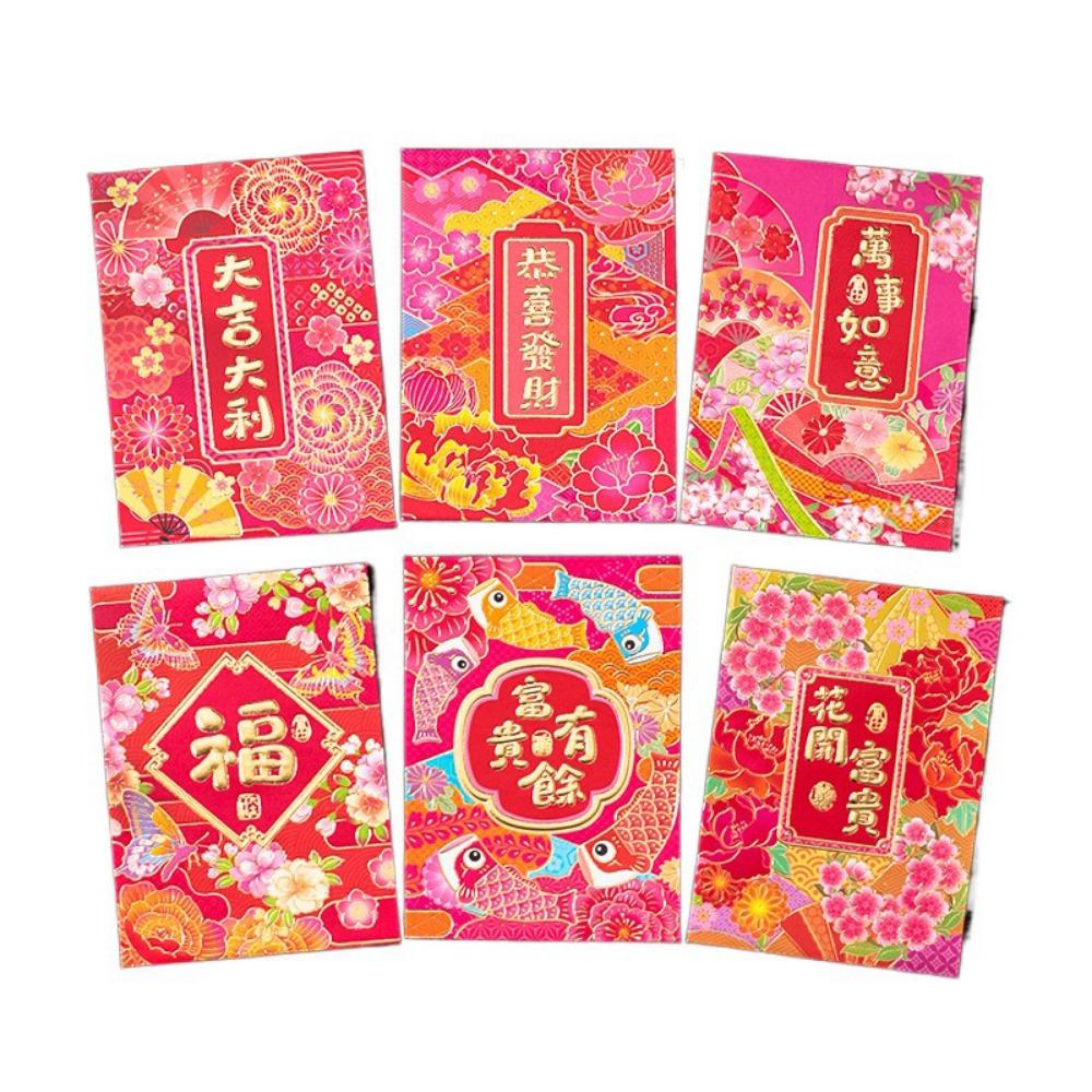 6 Pcs Creative Cute 2025 Red Envelope Bag Cartooon Gold Stamping Lucky Red Pocket Thickened New Year Red Packet Spring Festival