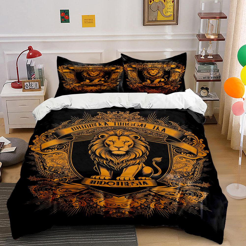 Golden lion with banner. Bedding sets Duvet cover sets Duvet covers Pillowcases(1 * Duvet Cover 2 * Pillowcases without duvet insert)