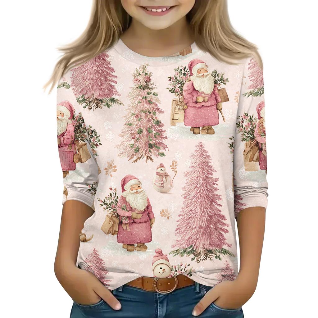 Рождественские топы с принтом для девочек-подростков 5-16 лет, футболки с круглым вырезом и рукавами 3/4, модные топы, нарядные футболки