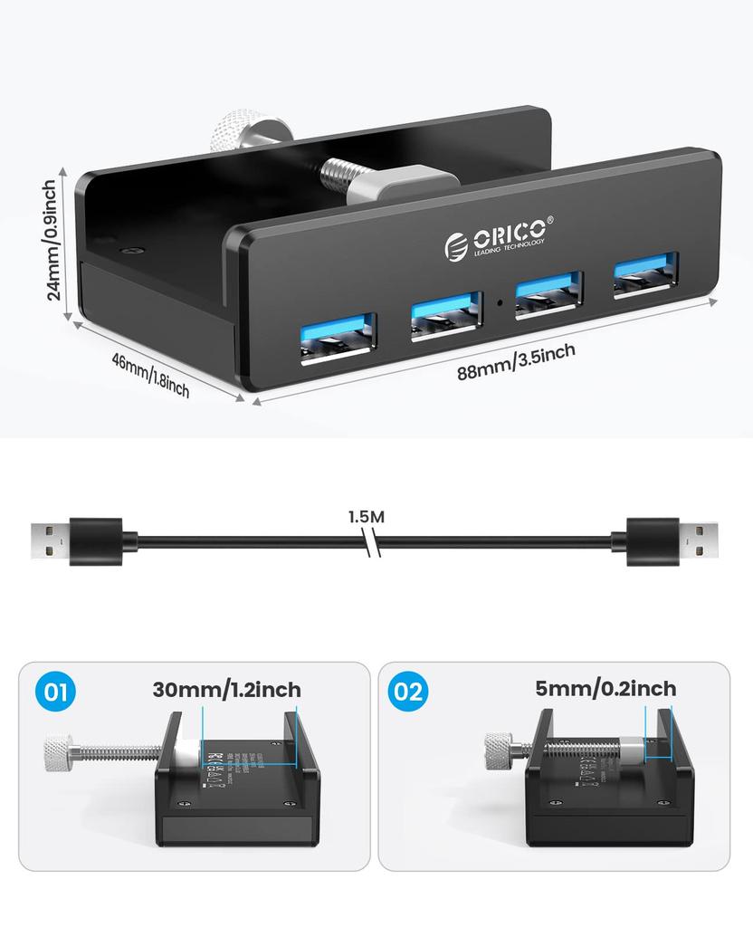 ORICO 4 5Gbps High USB Bus Aluminum Can Be Attached To the Edge of a Comes with a USB Extension USB3.0 Hub, Ports, Speed, Clip-on Hub, Powered, Alloy,