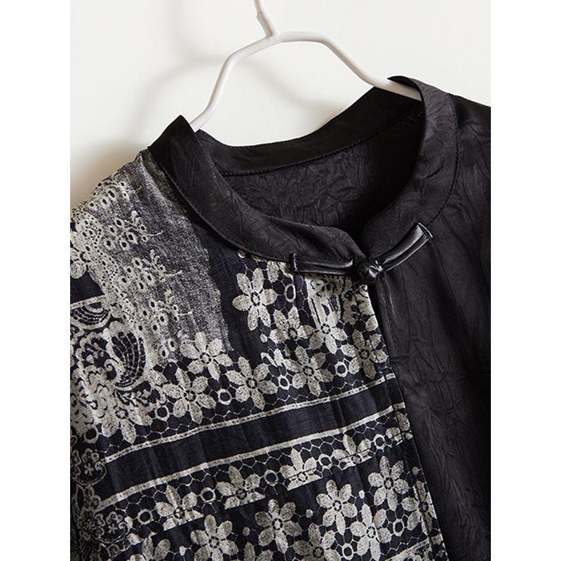 Classy Yuan Quality! Temperament Commute Women's Summer Satin Poplin Silk Patchwork Stand-up Collar Loose T-shirt Summer Blouse