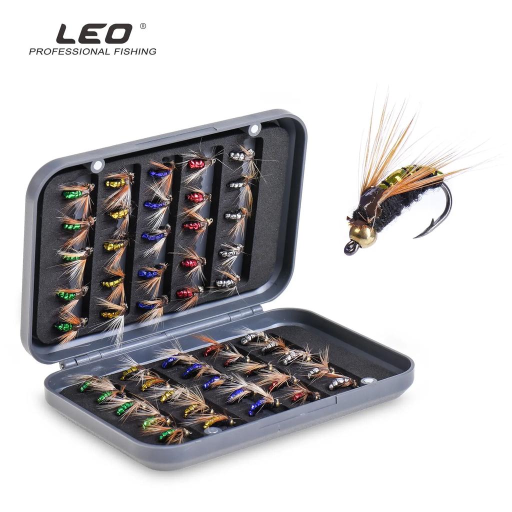 LEO FISHING 50pcs/40pcs Box Fishing Accessory Goods Bead Head Fast Sinking Nymph Scud Fly Bug Worm Trout Fishing Tools Insect Fishing Bait Lure