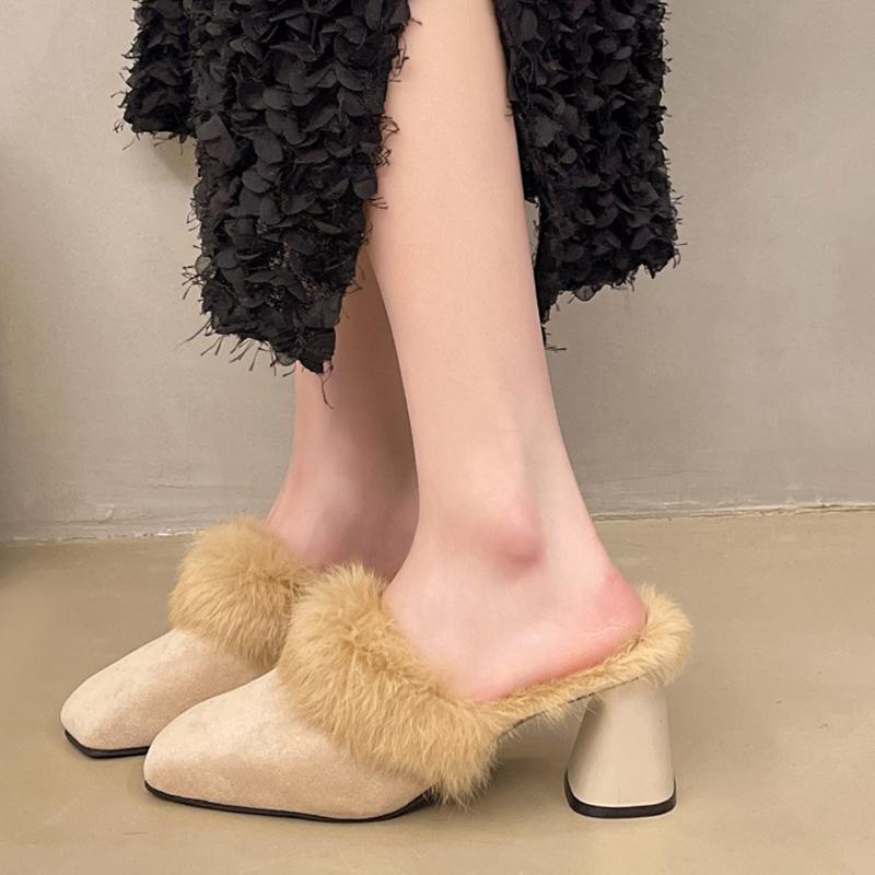 Квадратный носок толстые женские хлопковые тапочки замшевые меховые дизайнерские туфли на высоком каблуке 2025 тренд короткие плюшевые модные туфли-лодочки зимние женские туфли Zapatos