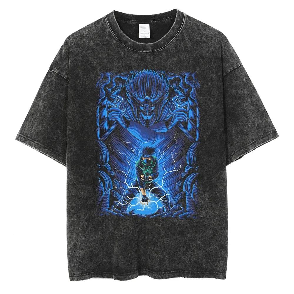 Harajuku Streetwear Vintage TShirt Japanese Anime Naruto Oversize T Shirt Washed Black Tshirt Men Summer Cotton Top Tees