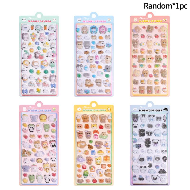 1-6Pcs Flocked 3D Relief Stickers Cute Cartoon Animals Stationery Sticker Journaling DIY Diary Laptop Phone Case Decoration
