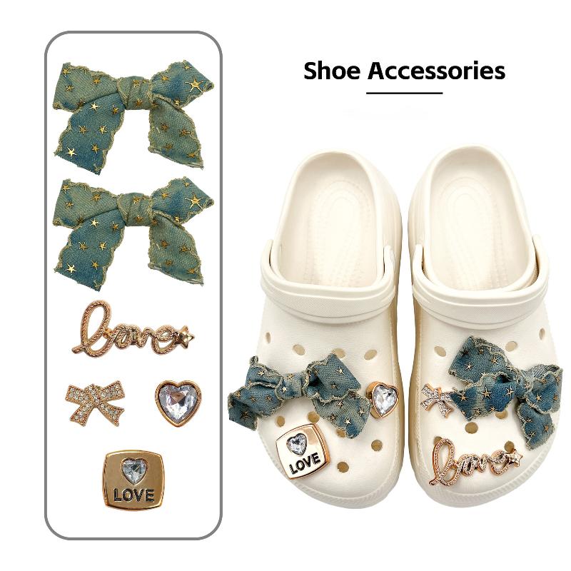 Ins Style Denim Bow Shoe Charm Trendy Rhinestone Bowknot Shoe Decoration Kit Creative Vintage Shoe Buckle Holiday Gifts