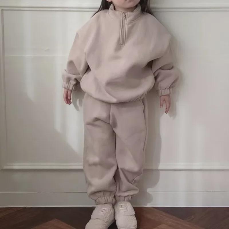 Korean Winter Children's Solid Color Velvet Two-Piece Suit for Boys and Girls