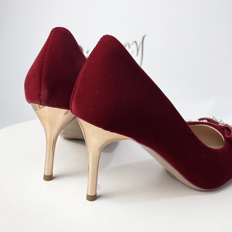 Rimocy Sexy Red Velvet Wedding Shoes For Women  Luxury Pearl Bowknot Pointed Toe Pumps Woman Stiletto High Heels Dress Shoes
