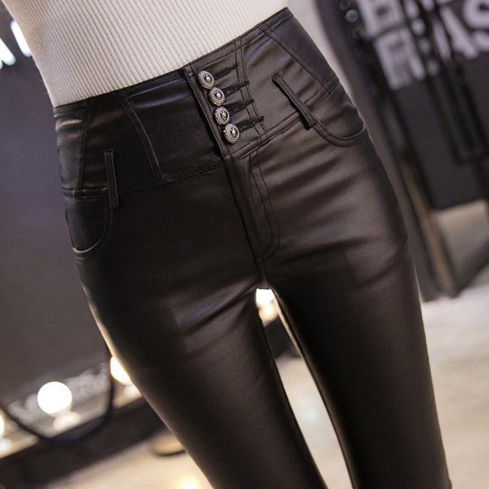 2022 New Thicken Black Leather Pants High Waist Skinny Pants Winter Warm Women's Trousers