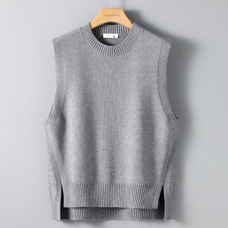 Мужской модный вязаный жилет без рукавов с круглым вырезом и разрезами - Пуловер свободного кроя на осень/зиму