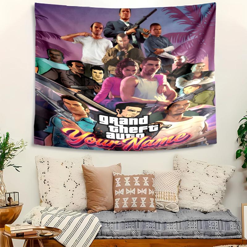 Personalized Name GTA Tapestry, Wall Hanging Tapestry, Pattern Tapestry for Dorm Bedroom Living Room Wall Art Photography Backdrop