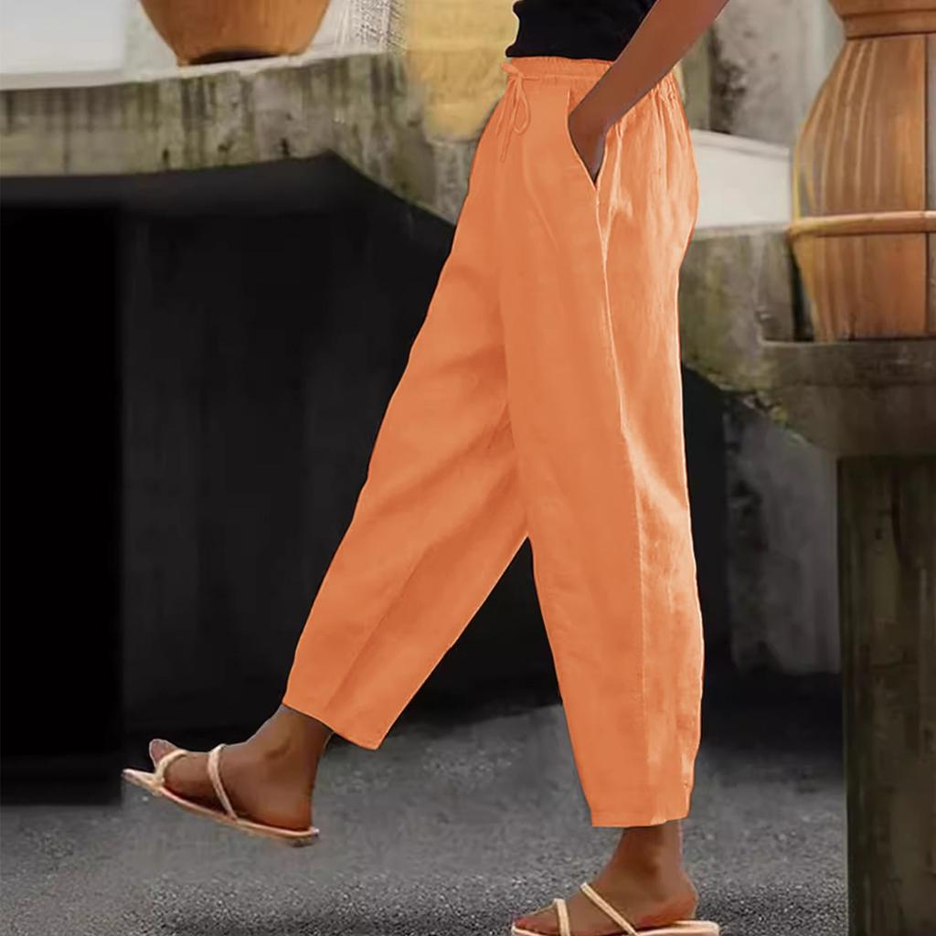 Women's Fashion Loose Cotton Linen Solid Color Casual Side Pocket Elastic Drawstring Trousers